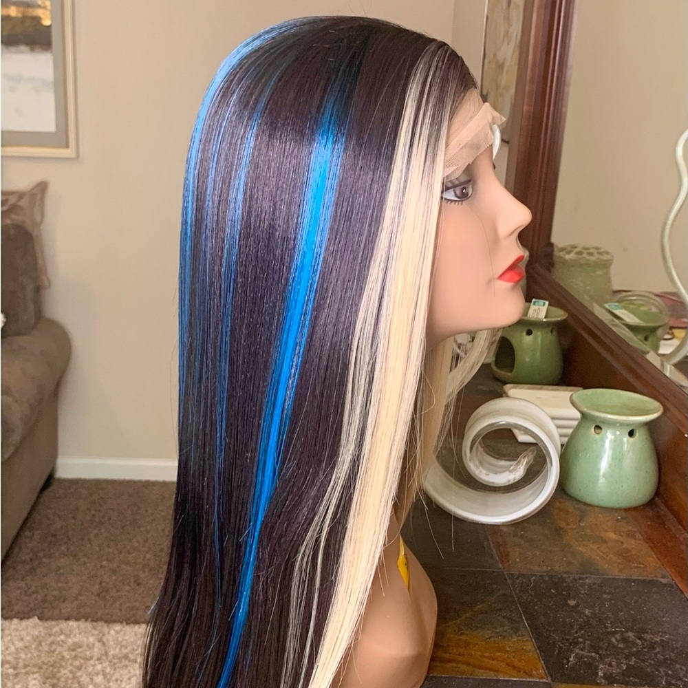 Wig with Black, Blonde, and Blue Highlights 
Synthetic lace front